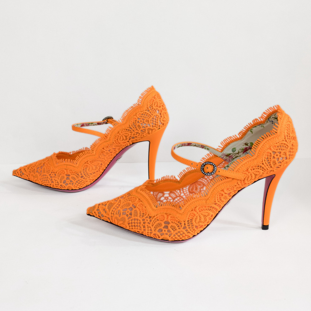 GUCCI Orange Virginia 95 mm Lace Pumps Mary Jane Pointed Toe Women's EU 37 US 7 - Picture 6 of 11
